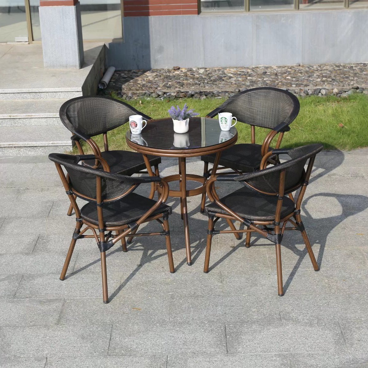 4-seat hot selling coffee outdoor set table and chair design, compact rattan Balcovn furniture