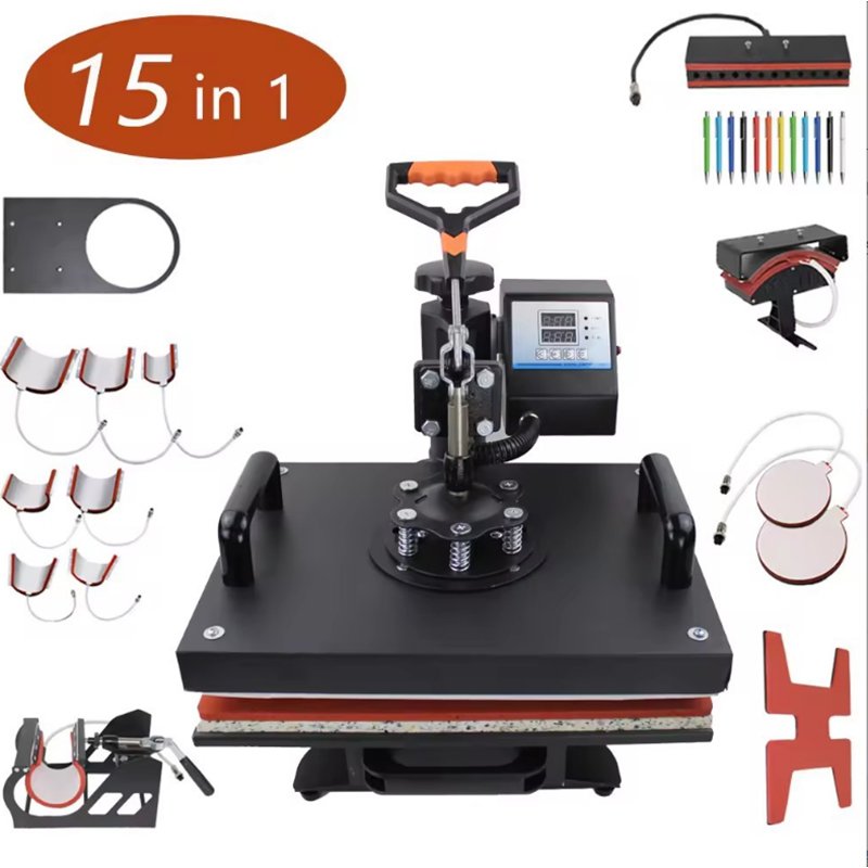 15 in 1 hot press machine combined with heat transfer sublimation 12x 15 inch mugs, t-shirts, hats, pens, shoes, automatic